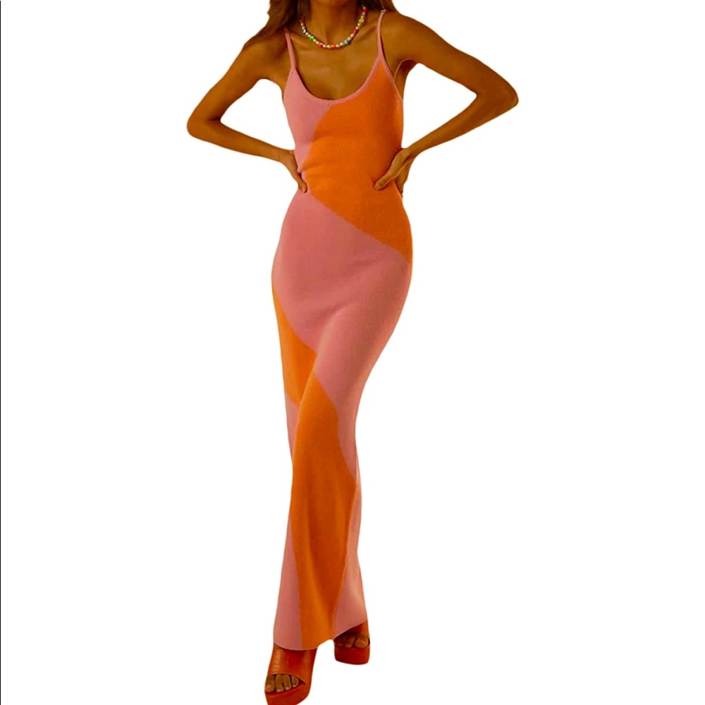 Maxi Knit Orange Pink Graphic Fitted Bodycon Dress